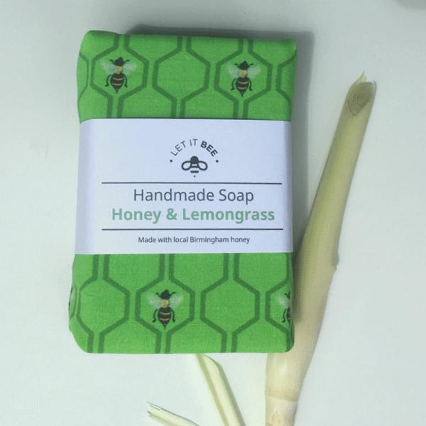 Wrapped Honey & Lemongrass Handmade Soap, with a stick of Lemon grass
